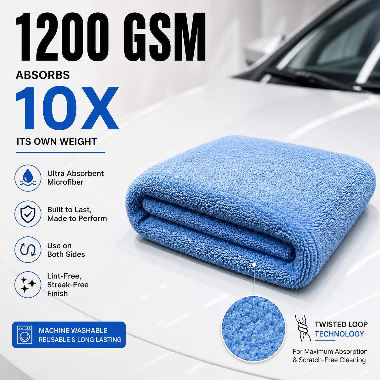 ALL-IN-ONE 1200 GSM Heavy Duty Drying Towel for Car, Kitchen, Bike & Home uses | Carki Care